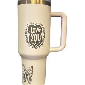Insulated Travel Mug with Love Design, 'Love You' Print and Butterfly Motif, Cre